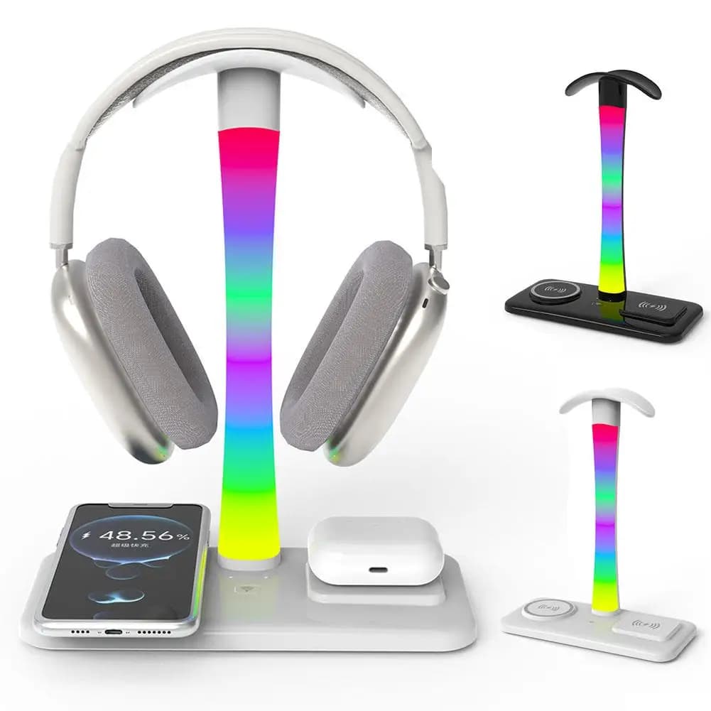 Supporto per cuffie RGB per caricabatterie wireless con ricarica USB e USB Porta caricabatterie da tavolo mobile C Teste da gioco per telefono wireless C1X6