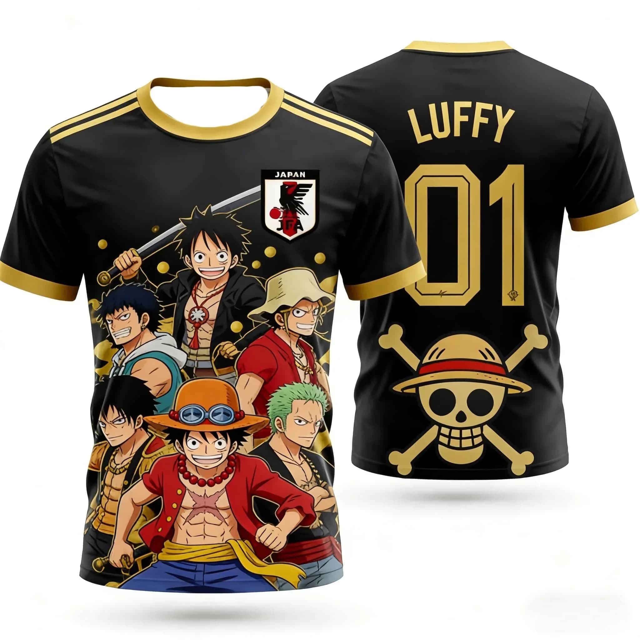 One Piece Japan National Team Luffy #01 Soccer Jersey T-Shirt, Men Women Quick Dry Breathable Anime Football Fan Streetwear Tee