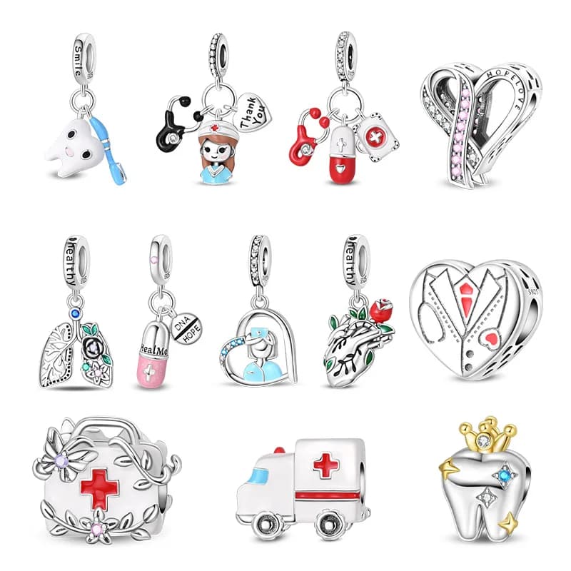 Nuovo 925 Sterling Silver Dentale Medico Salute AmbulanzaPrima Aiuto Kit Serie Pendenti E Ciondoli Perline Misura Braccialetti Originali Gioielli FAI DA TE Regalo