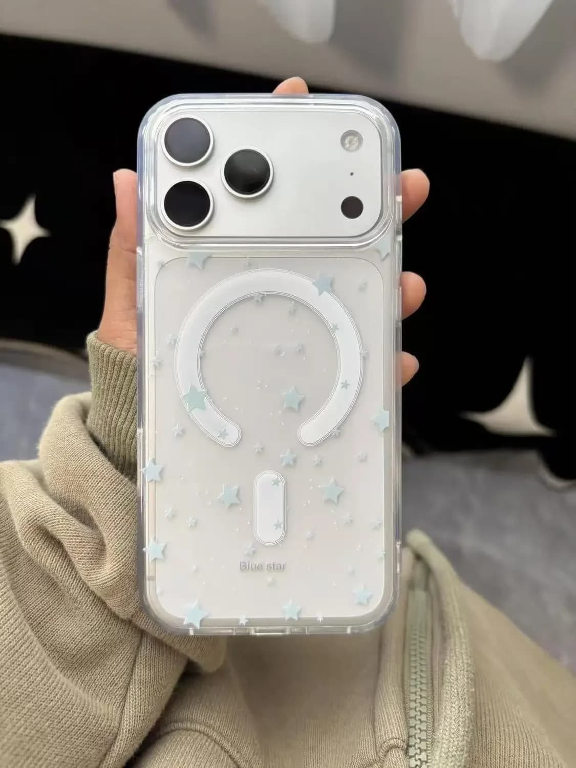Cover Magnetica Full Screen con Stelle Blu per iPhone 17AIR 16E 15 14 13 12 11 Pro MAX MINI Plus Y2K, Compatibile con Ricarica Wireless