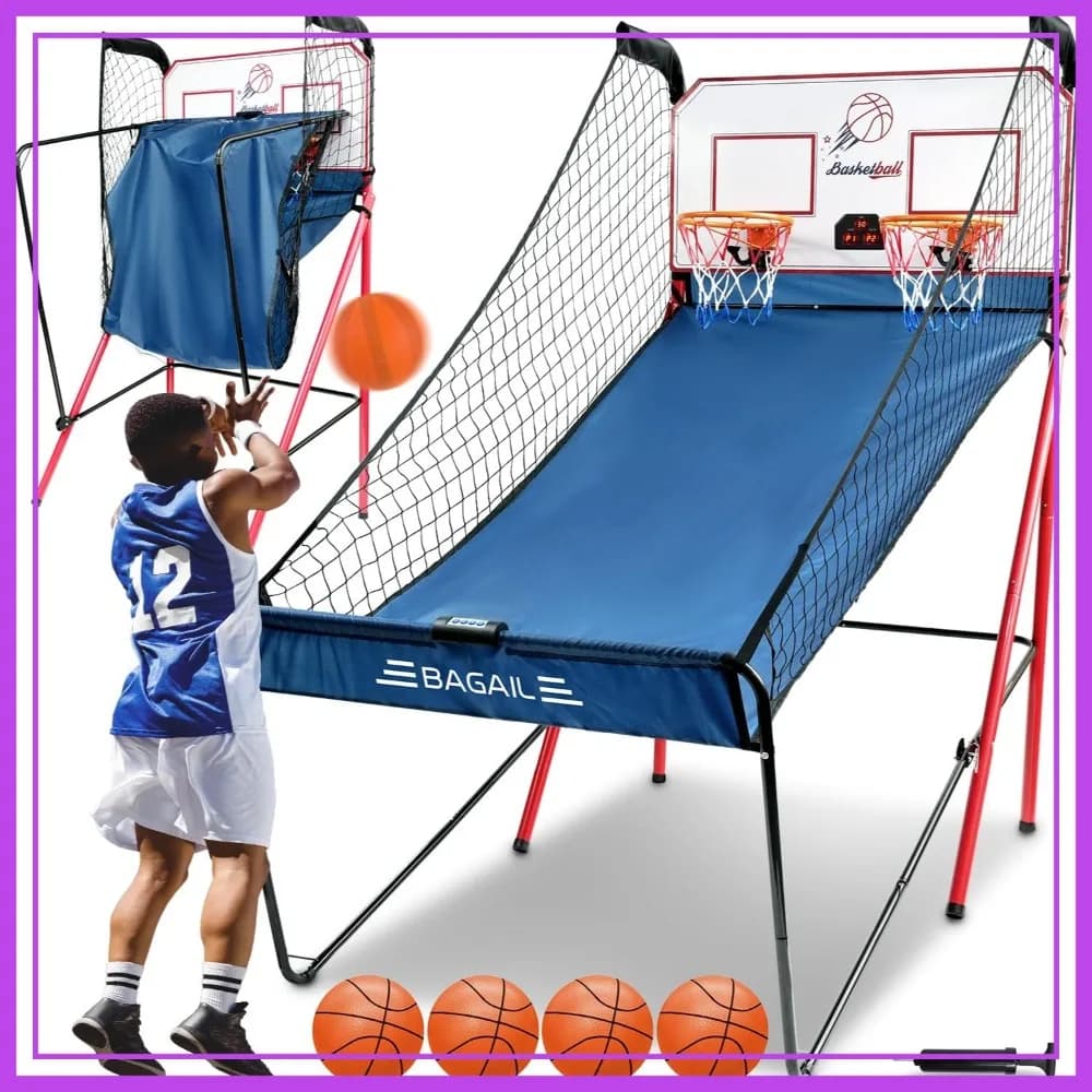 Gioco Arcade di Basket Elettronico con 8 Modalità, Doppia Tirofucilata, Pieghevole, 4 Palloni, Pompa per Sport Indoor