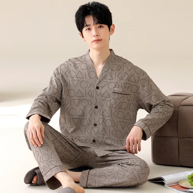 Pigiama di cotone a maniche lunghe primaverili e autunnali Indumenti da notte da uomo Adolescente Casual Pigiama Cardigan Kimono scozzese Indumenti da notte 4XL 3XL