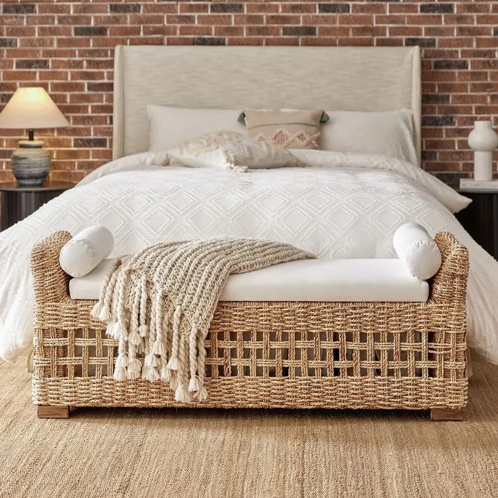 Panca contenitore in rattan 56 con braccioli e cuscini rotondi, panca da fondo letto in vimini stile Boho per camera da letto, ingresso, soggiorno, resistente all'acqua