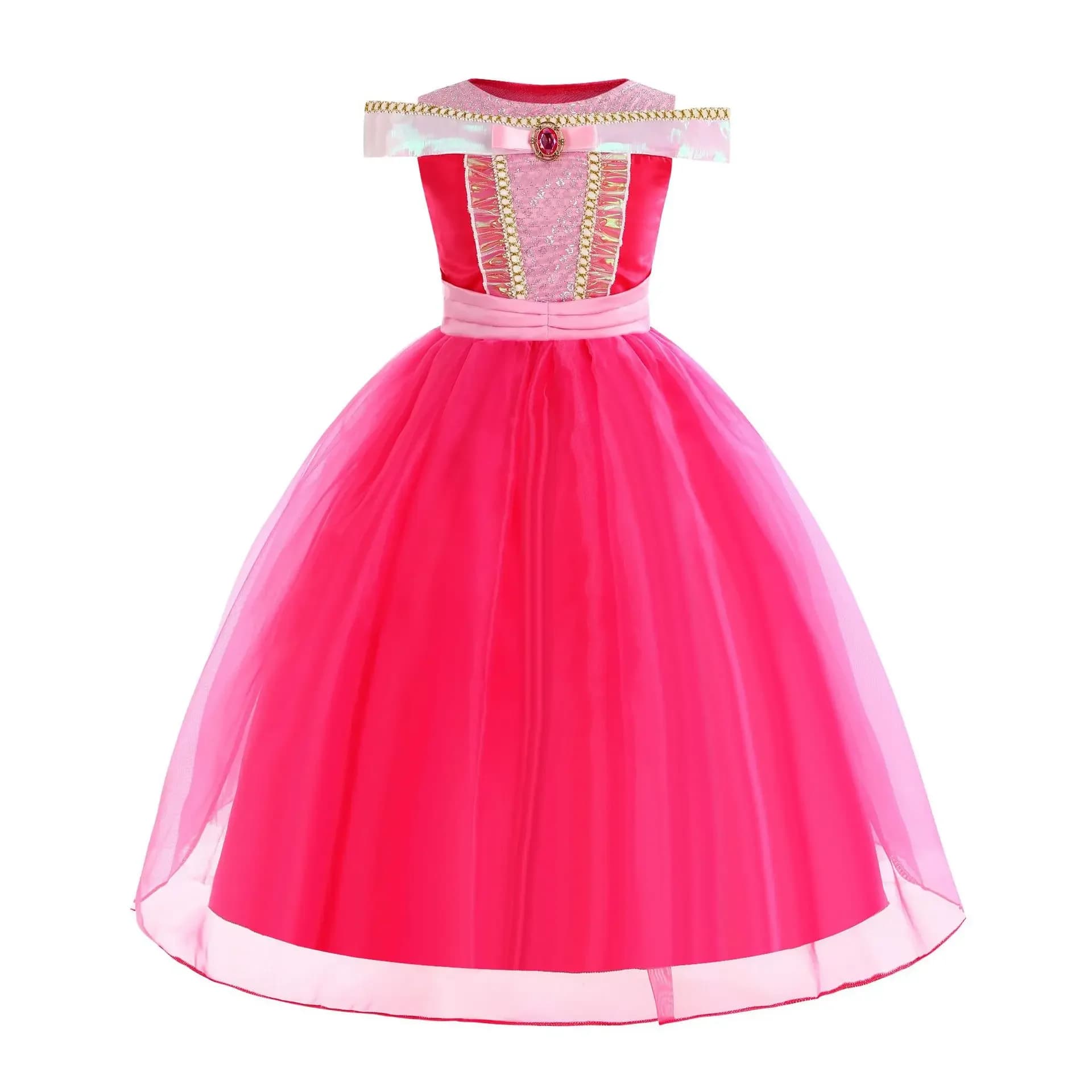 Fancy Girls Princess Pink Aurora Dress Floral Girls Sleeping Beauty Elegant Mesh Ball Gowns Children Christmas Party Costumes