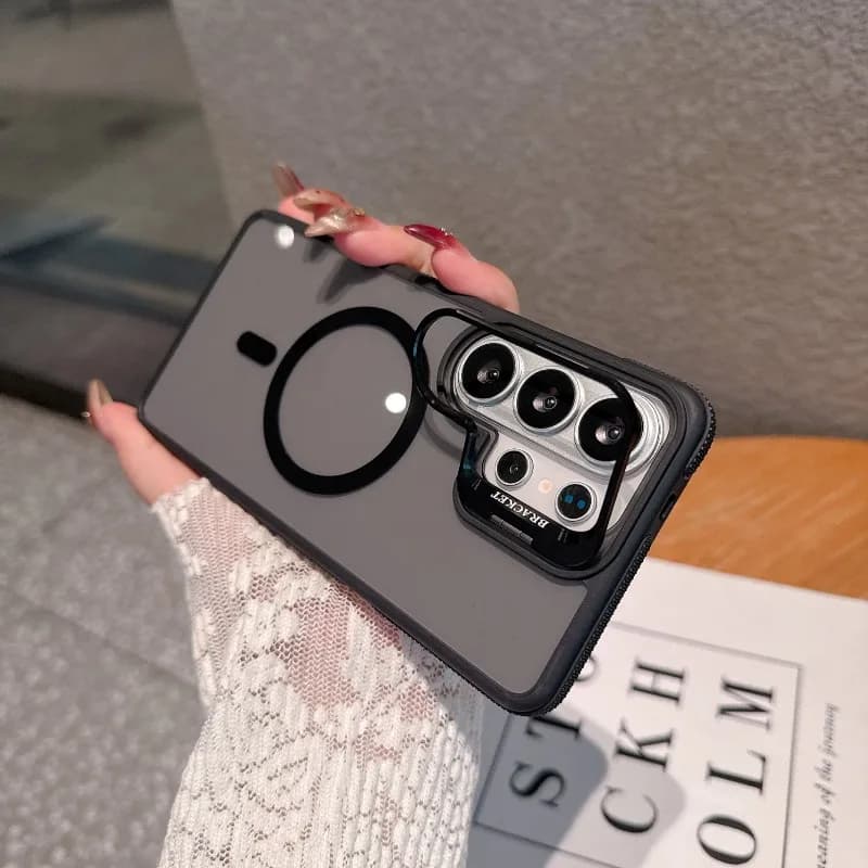 Luxury Hidden Lens Stand For Magsafe Phone Case For Samsung Galaxy S26 Ultra 25 24 23 Wireless Charging Solid Color Matte Cover