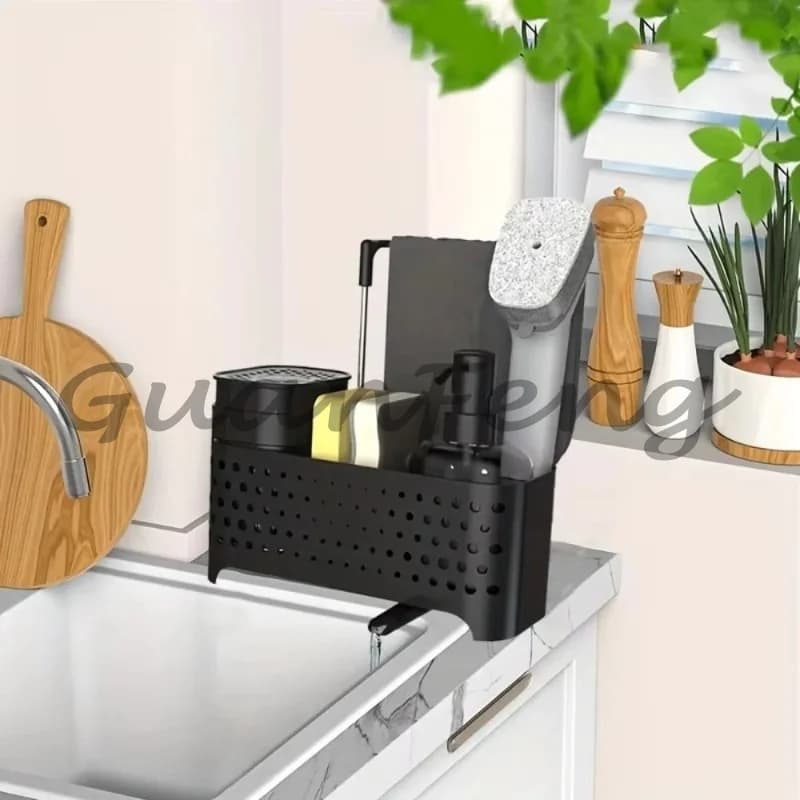 Kitchen Sink Caddy Set 5 Deep Compartments Household Cleaning Tools Accessories Including Soap Dispenser Towel Rack Black