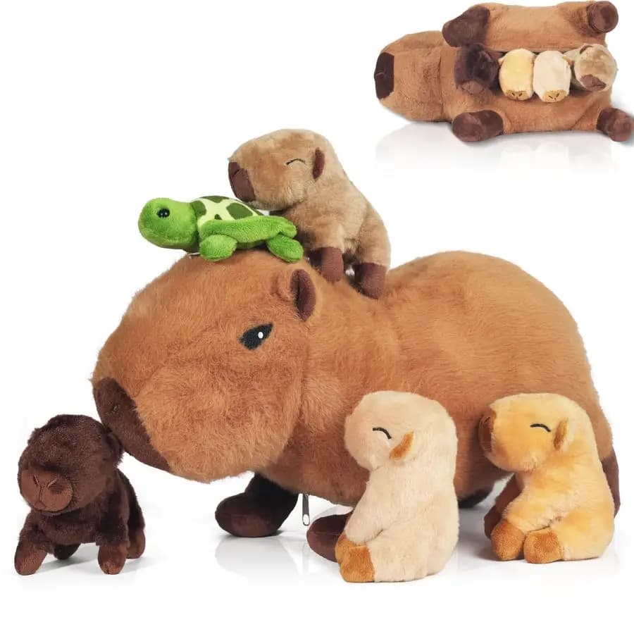 Peluche di Capibara 2 in 1, 36 cm, con Cuccioli all'Interno, Cuscino Giocattolo di Capibara Imbottito con 4 B
