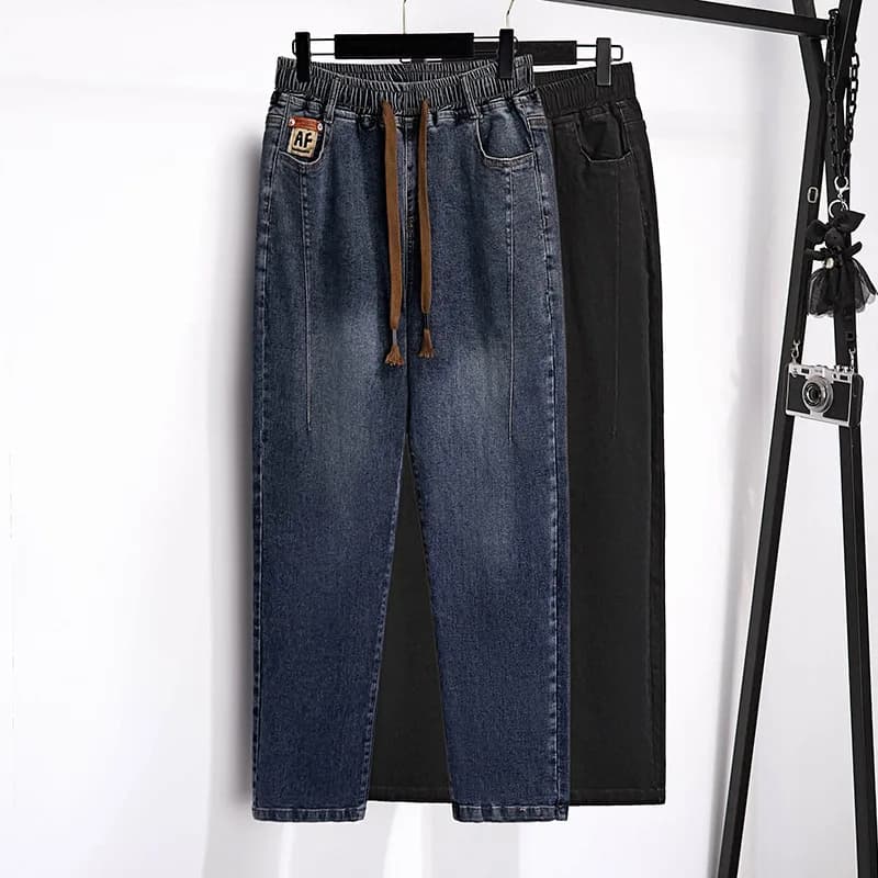 155Kg Plus Size Donna Hip 150-160 Primavera Autunno Jeans larghi Pantaloni in denim casual a vita alta Nero Blu 5XL 6XL 7XL 8XL 9XL