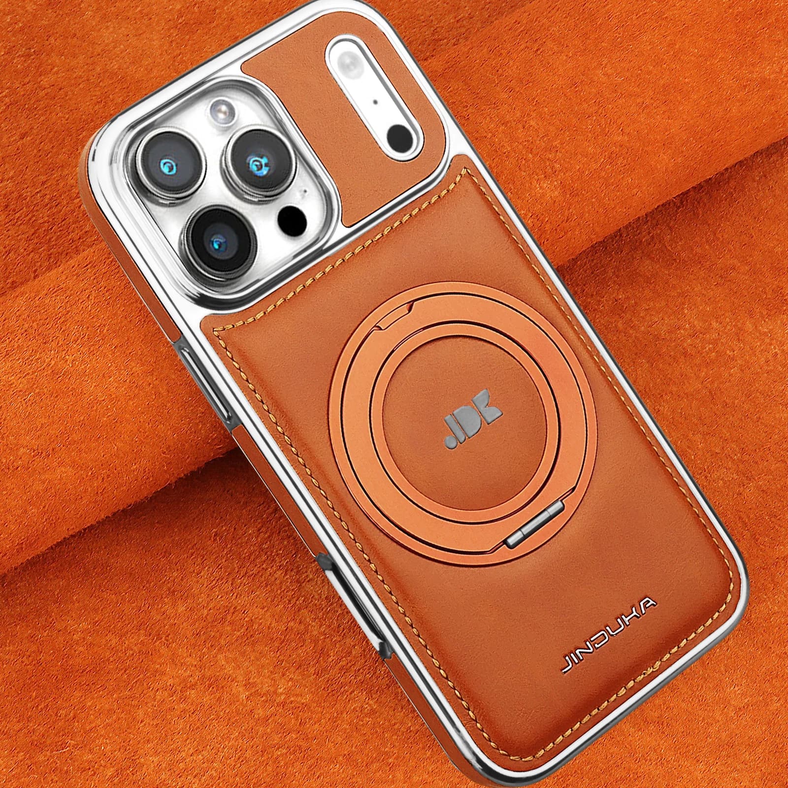 Leather Phone Case with 360 degree Magnetic Rotary Clamp for iPhone 17 Pro Max 16 Plus 15 14 13 Ring Holder for Magsafe Cover