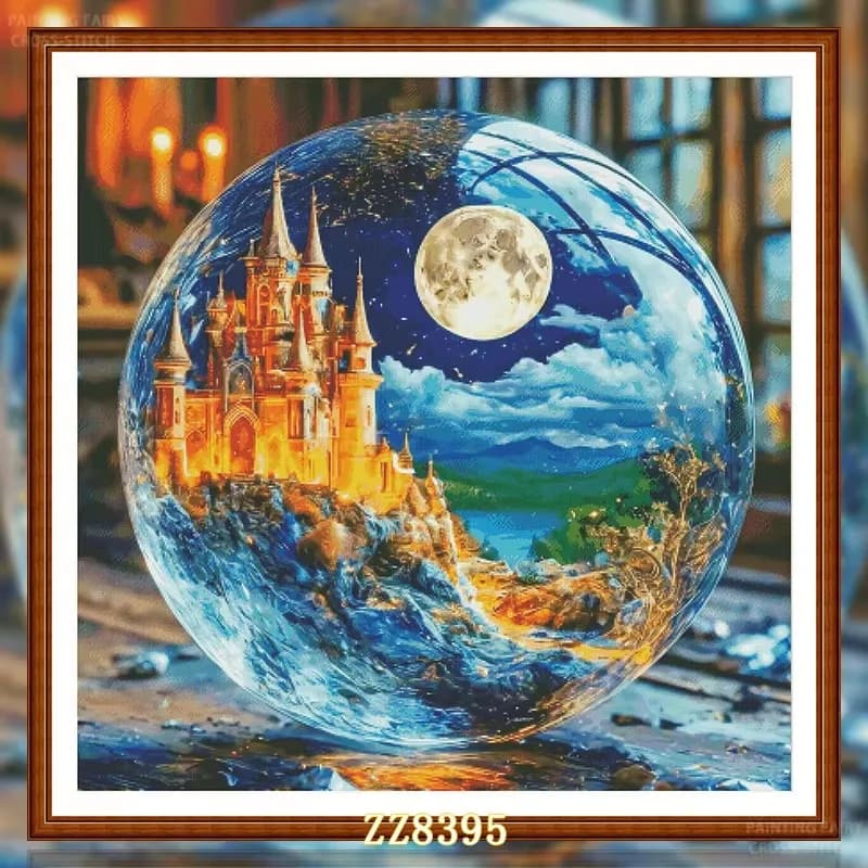 ZZ8395 - Il Castello dei Sogni nella Sfera di Cristallo, Tela Stampata 14CT 16CT 18CT, Punto Croce Fai-da-Te, Ricamo con 116 Colori