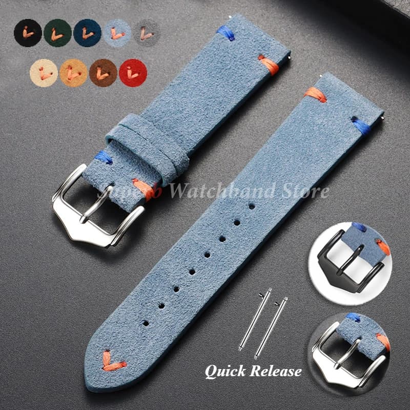 Suede Leather Watch Strap 18mm 20mm 22mm Vintage Band Soft Replacement Wristband Handmade Stitching Watchband Universal