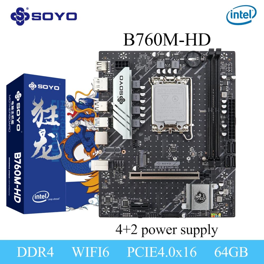 Scheda Madre Gaming B760M SOYO LGA 1700 Compatibile con CPU Intel Core 12/13/14a Gen, Memoria DDR4 Dual Channel, M.2 NVME PCIEx16