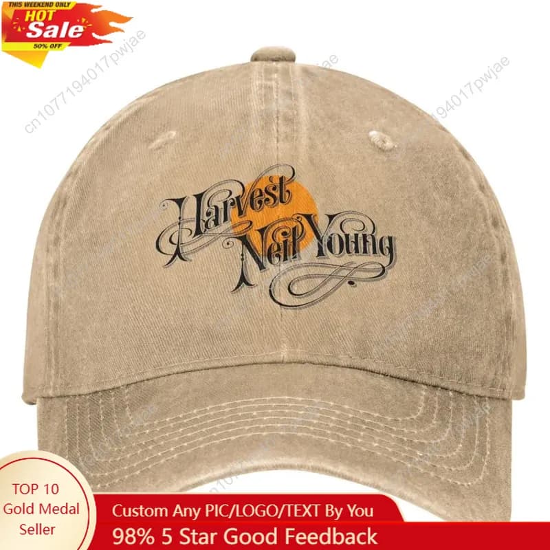 Neil Young Harvest men's lorry hat - Cat with iconic logo covered in light PVC, accessories for washable musical fans in the washing machine