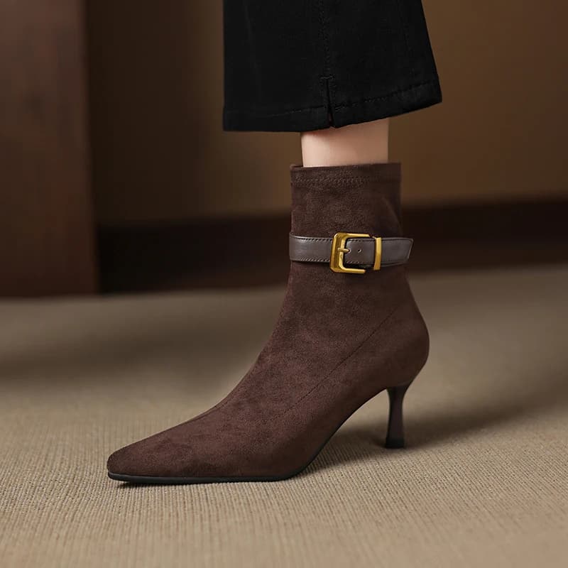 2026 new autumn winter women ankle boots 22-24.5cm stretch flannel buckle pointed toe modern boots side zip heel short boots