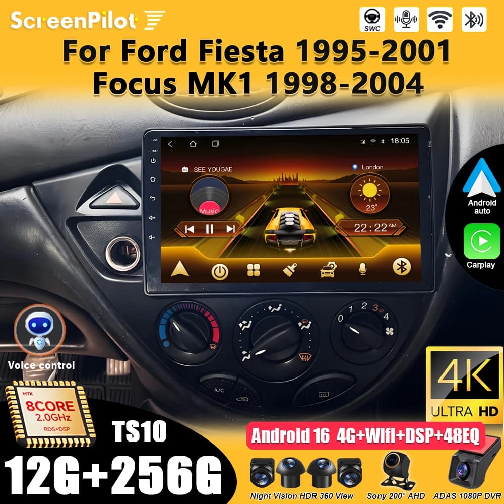 Autoradio Android 15 con Lettore Multimediale Video 2din e Carplay per Ford Fiesta 1995-2001 e Focus MK1 1998-2004