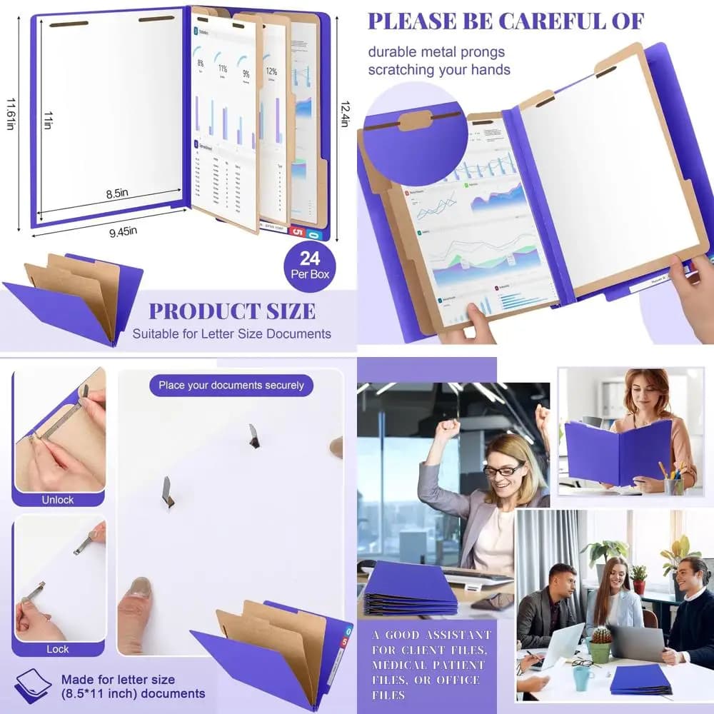 Confezione da 24 cartelle portadocumenti viola in formato lettera con 3 divisori, elementi di fissaggio e 2 punte per ufficio, lavoro e aula sfusi