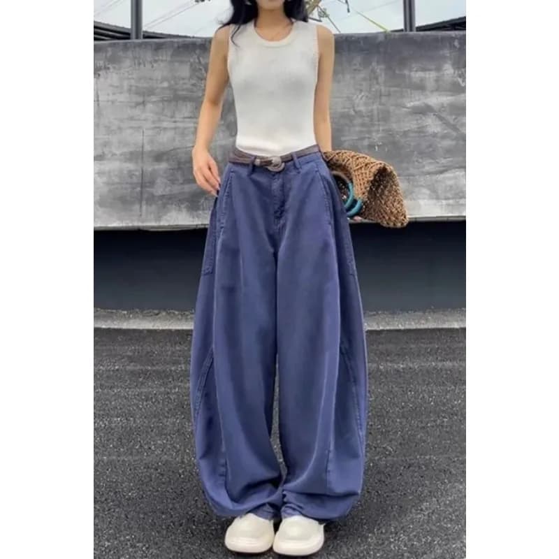 Jeans Oversize Blu da Donna a Gamba Larga con Vita Alta e Cintura, Stile Vintage Streetwear