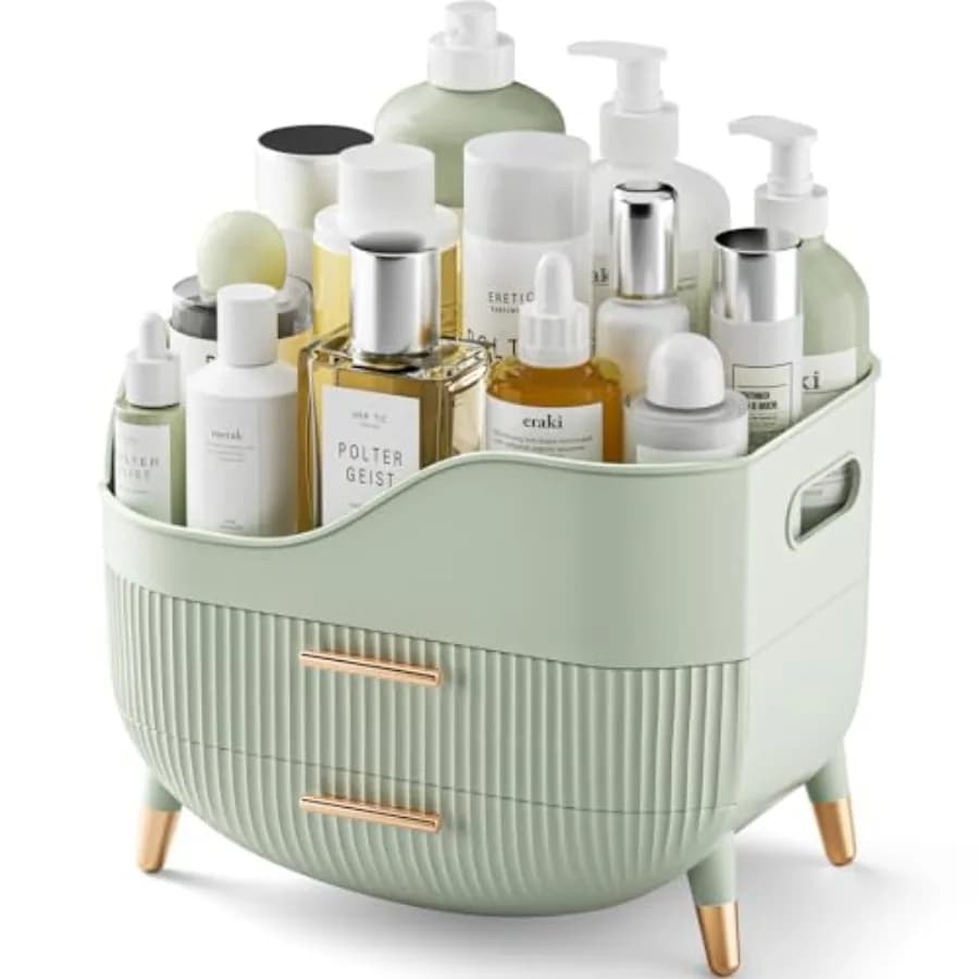 Organizzatore per Trucchi con Cassetti, Contenitore Verde per Cosmetici da Toeletta, Scatola Portaoggetti con Maniglia, Grande Espositore per Cosmetici