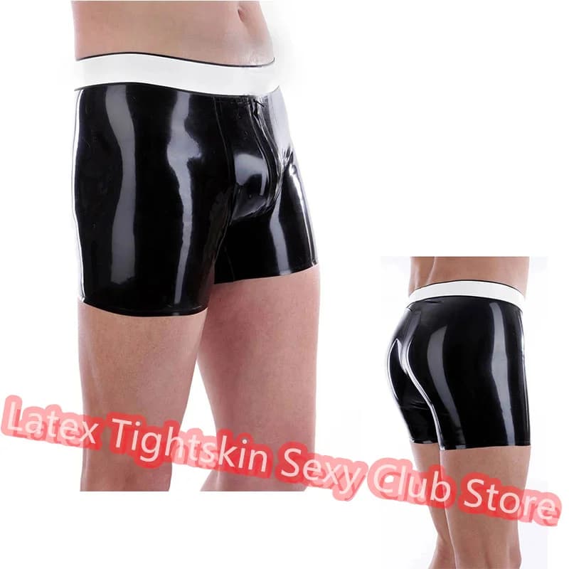 Boxer da uomo in lattice nero con pantaloncini fetish sexy bianchi Biancheria intima fatta a mano Abbigliamento da club per costumi cosplay da uomo