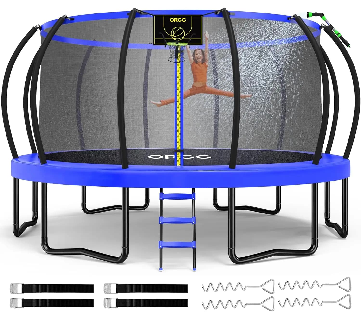 Children's Trampoline, 1300LBS Loading Capacity, Trampoline 16 15 14 12 10 8FT with Basketball Basket, Spiral Water Sprayer, Customizable
