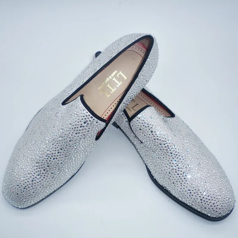 Silver Men's Crystal Loafers Fashion Man Suede Dress Shoes Handmade Slip On Leather Casual Shoes Party And Wedding Shoes