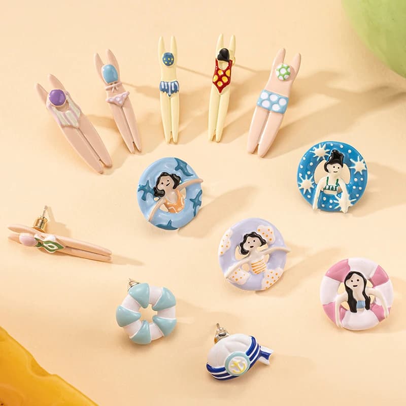 Cute Swimsuits Girls Series Single Earrings Summer Beach Cartoon Character Design Single Enamel Stud Earrings Custom Packaging
