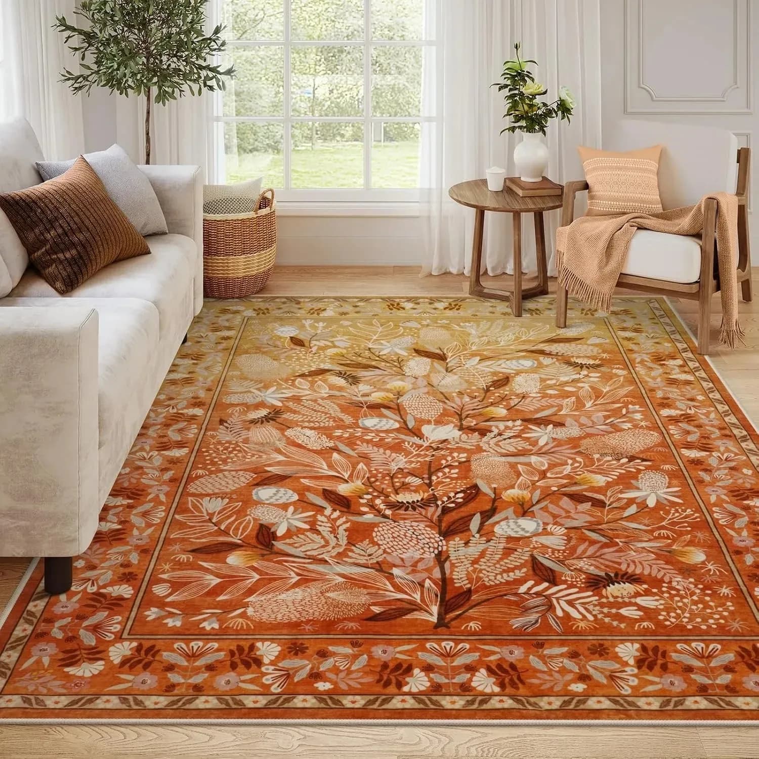 Tappeto da soggiorno antiscivolo, morbido, lavabile in lavatrice, con stampa floreale arancione, tappeto da camera da letto, di grandi dimensioni, tappetino decorativo per la casa.