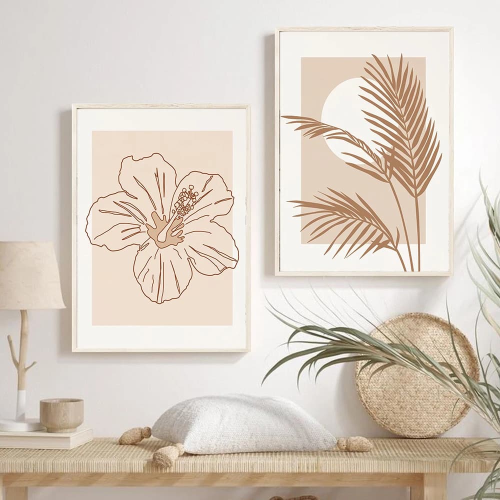 Abstract Boho Beige Palm Leaf Poster Canvas Painting Hibiscus Flower Wall Art Picture Print Living Room Interior Home Decorat