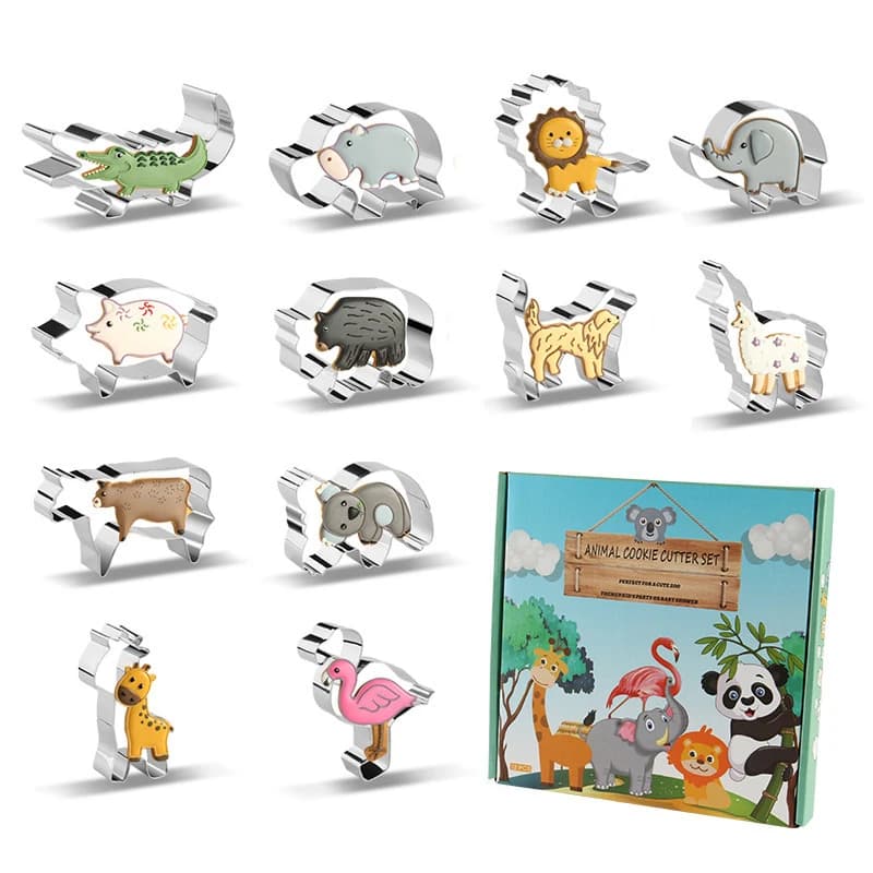 LMETJMA 12 Pieces Animal Cookie Cutters Set For Kids with Storage Box Stainless Steel Safari Animal Biscuit Cutters Molds JT346