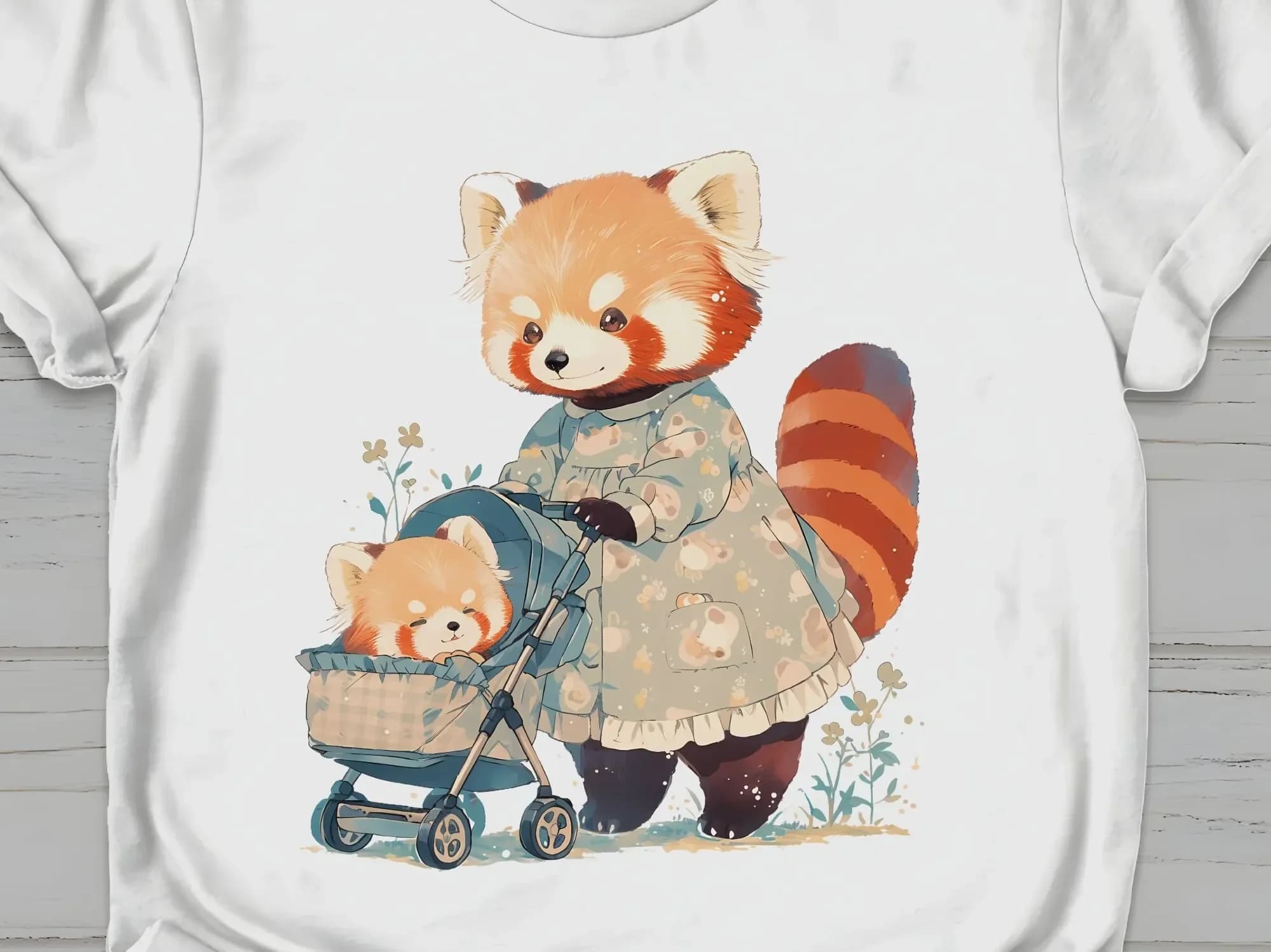 Maglietta con stampa panda rosso mamma con passeggino, top casual con stampa animalier unico per la festa della mamma, perfetto per le mamme