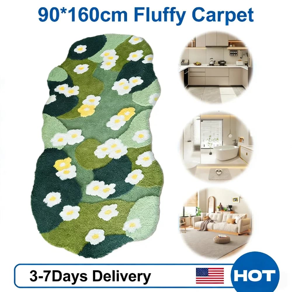 Irregular Green Forest Carpet, Soft 3D Carpet Musk Effect, Anti-slip, Soft Decorative Bedroom Carpet