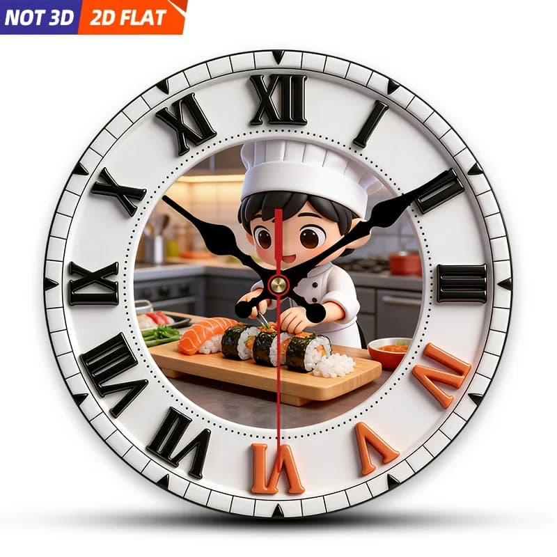 2D Piatto. 1 pezzo. Orologio da parete a tema sushi chef, orologio decorativo silenzioso, orologio da parete creativo, adatto per camera da letto, soggiorno, ufficio