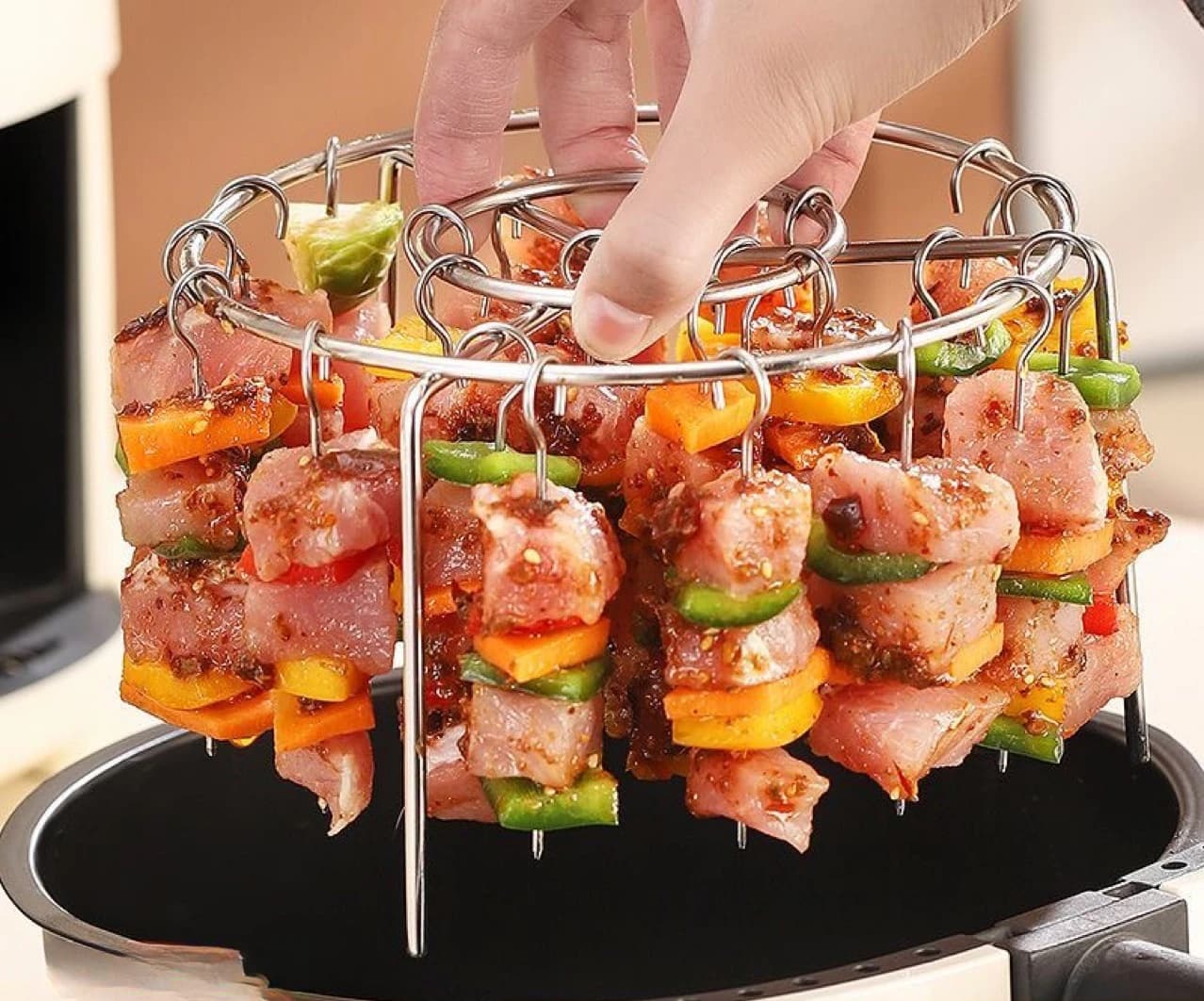 1 Piece Stainless Steel Vertical Air Frying Grid Round Barbecue Grill for Home Oven Kitchen Skewers Foldable Design