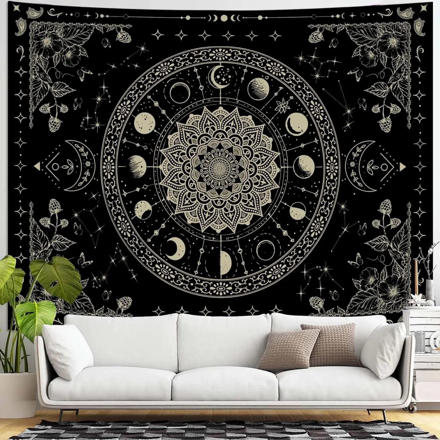 Celestial Mandala Tapestry, Boho Moon Phase Star Constellation Print Large Wall Hanging for Bedroom Living Room Aesthetic Decor
