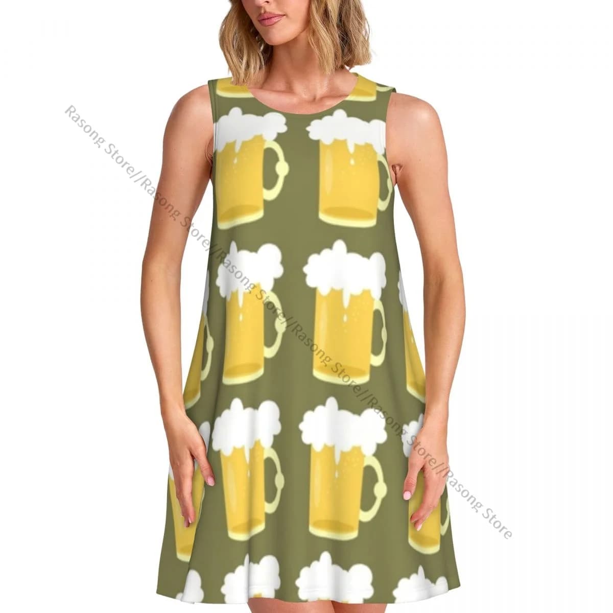 Abito da donna con stampa birra e boccali, girocollo, senza maniche, lungo