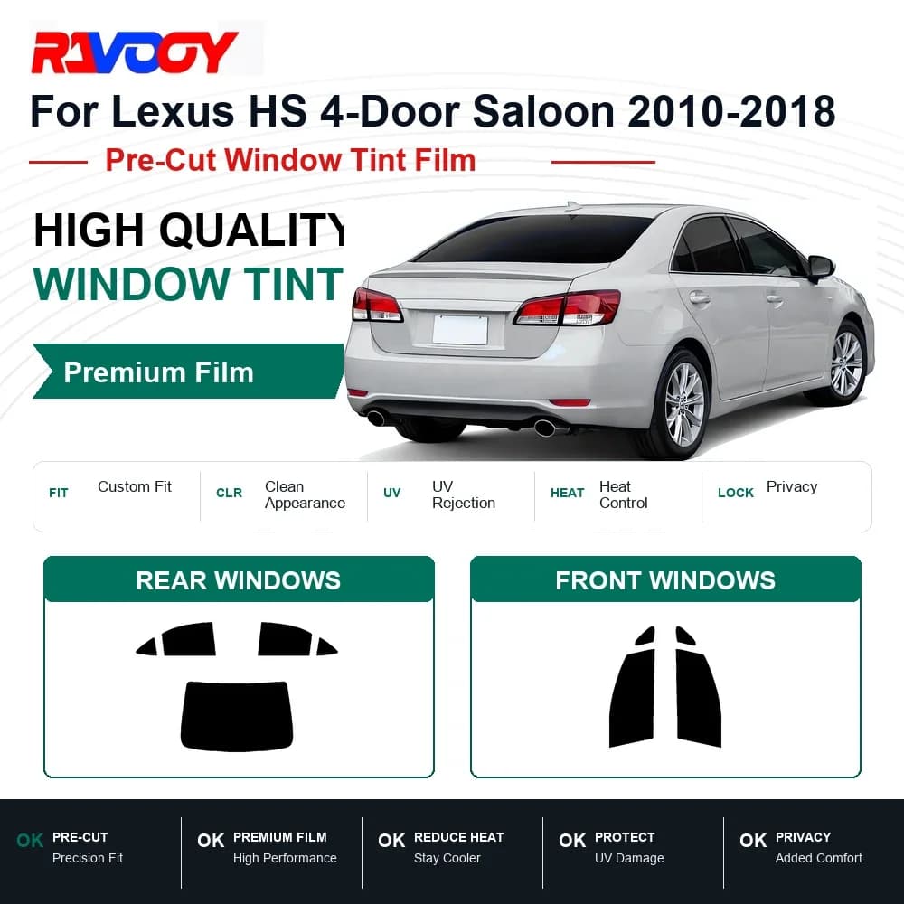 RAVOOY Precut Window Tint, Reusable Removable EPU Film, Custom Fit for Lexus HS Hybrid 2010-2012, UV Heat Protection
