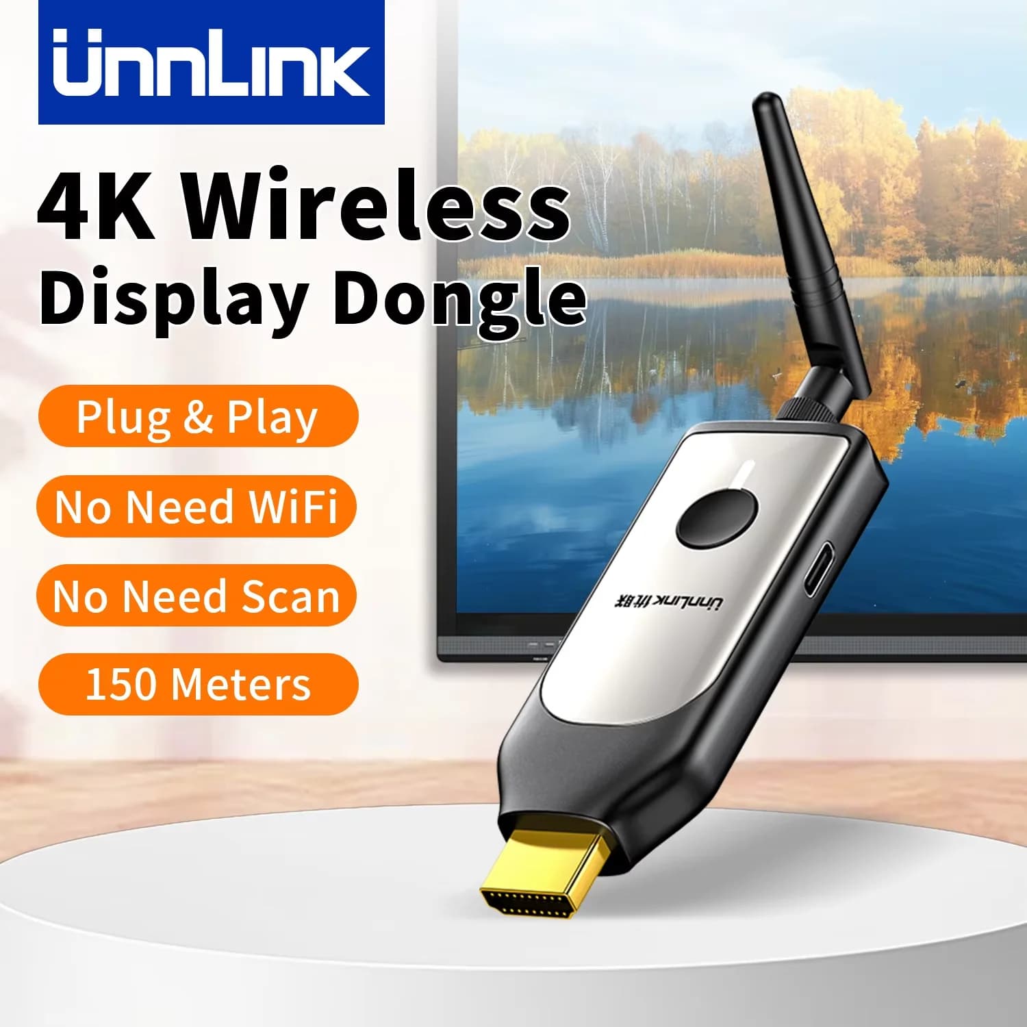 Unnlink 4K HDMI Ricevitore Wireless Extender 150M per Telefono Tablet Laptop PC a TV Adattatore Specchio 4K 30Hz/1080P 60Hz