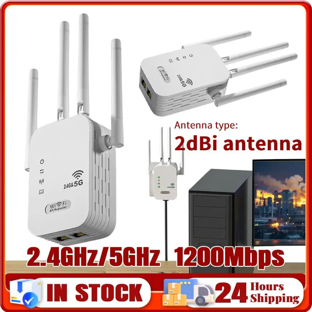 Ripetitore WiFi Wireless 1200Mbps con 4 Antenne, Dual-Band 2.4GHz/5GHz, Amplificatore di Segnale Wi-Fi per Casa e Ufficio