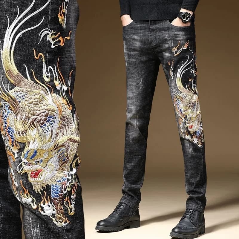 Elegant Embroidered Floral Men's Jeans Elastic Slim Fit Classic Style Trendy Casual Long Pants Machine Embroidered Youth
