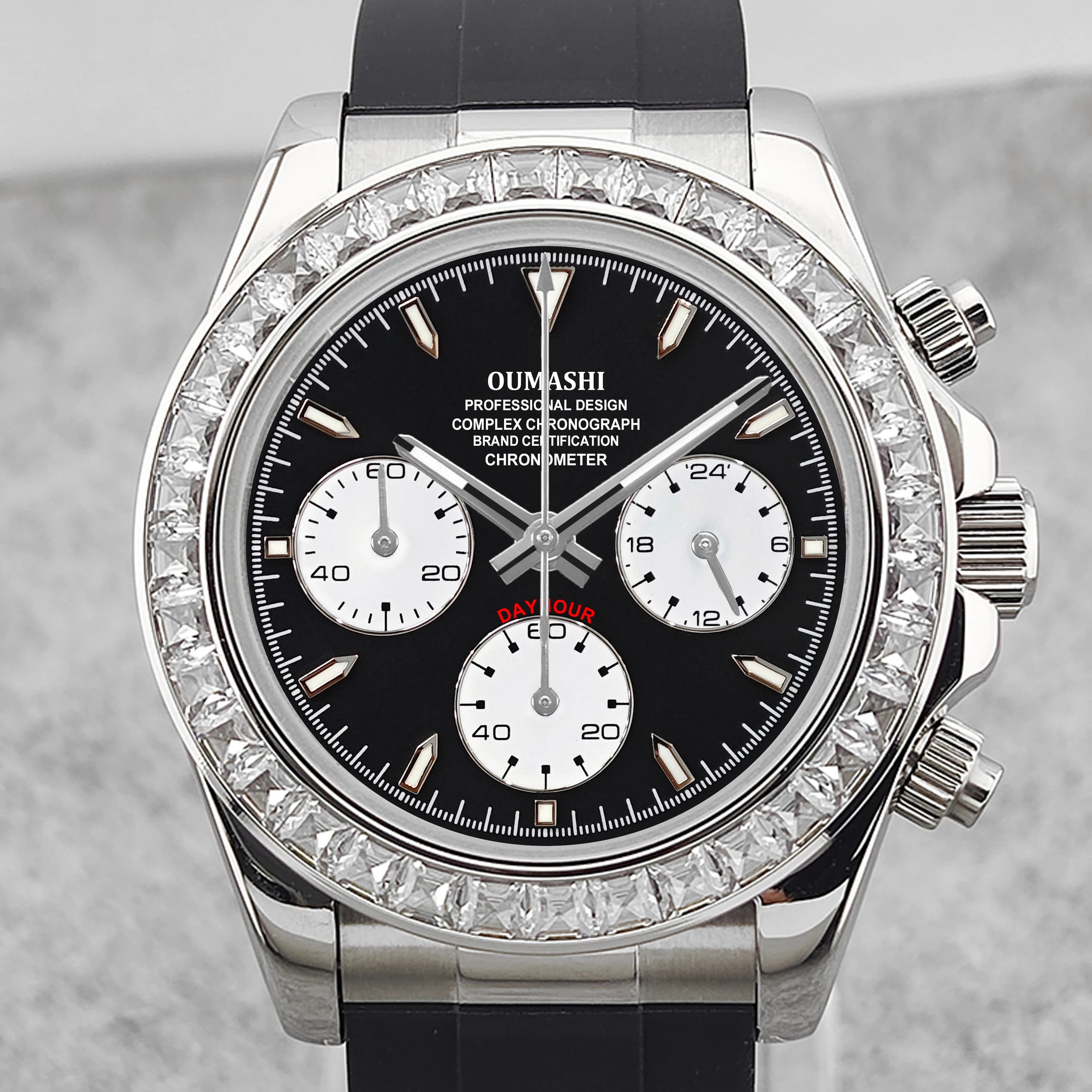 OUMASHI 42mm Men's Watch Chronograph Silver Diamonds VK63 Quartz Movement Luminous Sapphire Glass Custom Logo Available