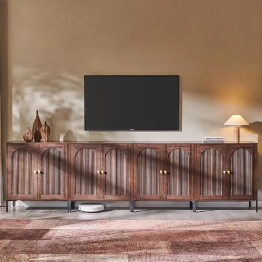 Mobili TV moderni per televisori da 80 pollici, design in legno marrone con spazio di archiviazione e gestione dei cavi