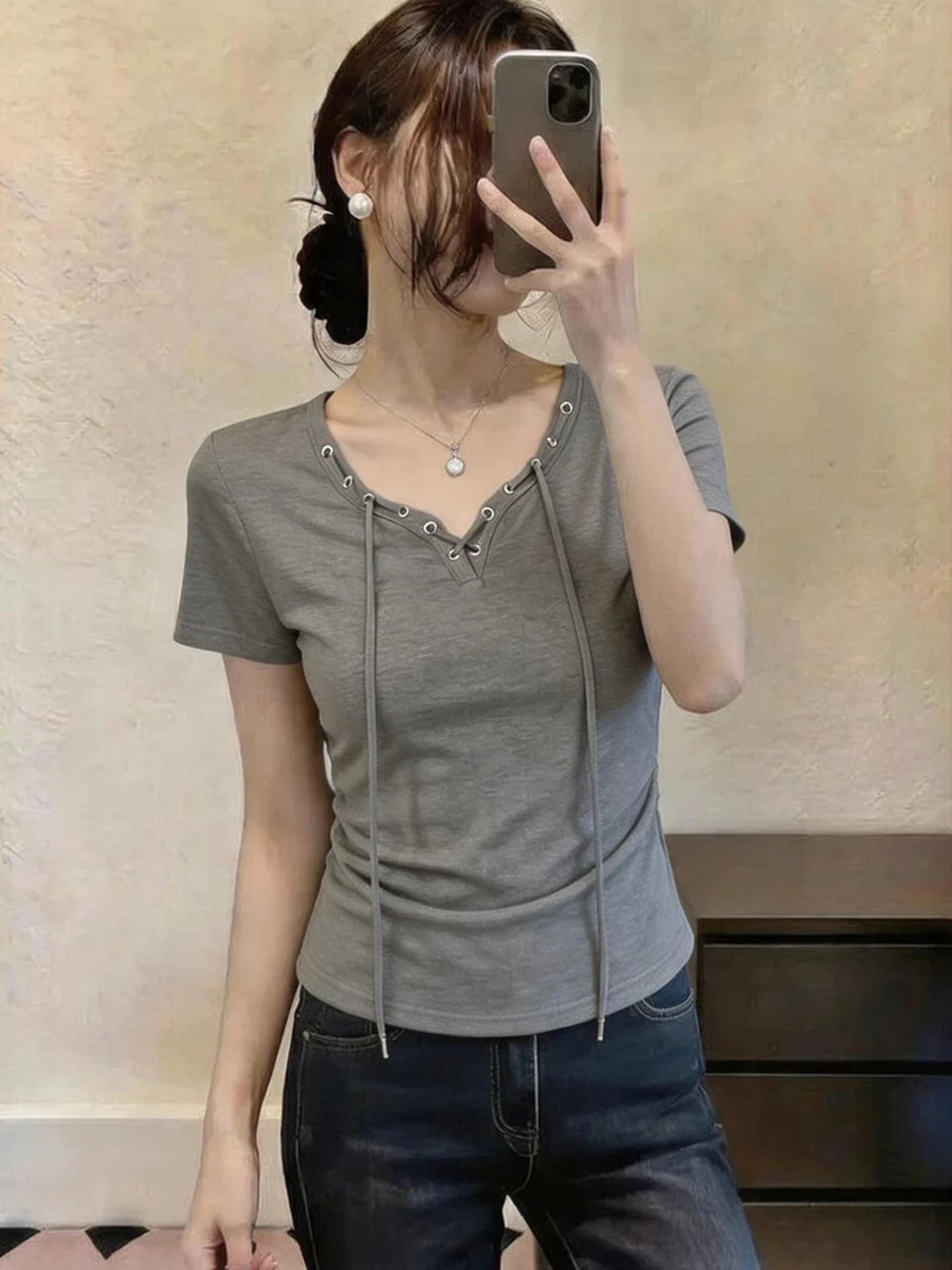 plus Size Grey V-Neck Short Sleeve T-Shirt Women Summer Belt Design Slimming Versatile Fashionable Top Soft Comfortable Breat...