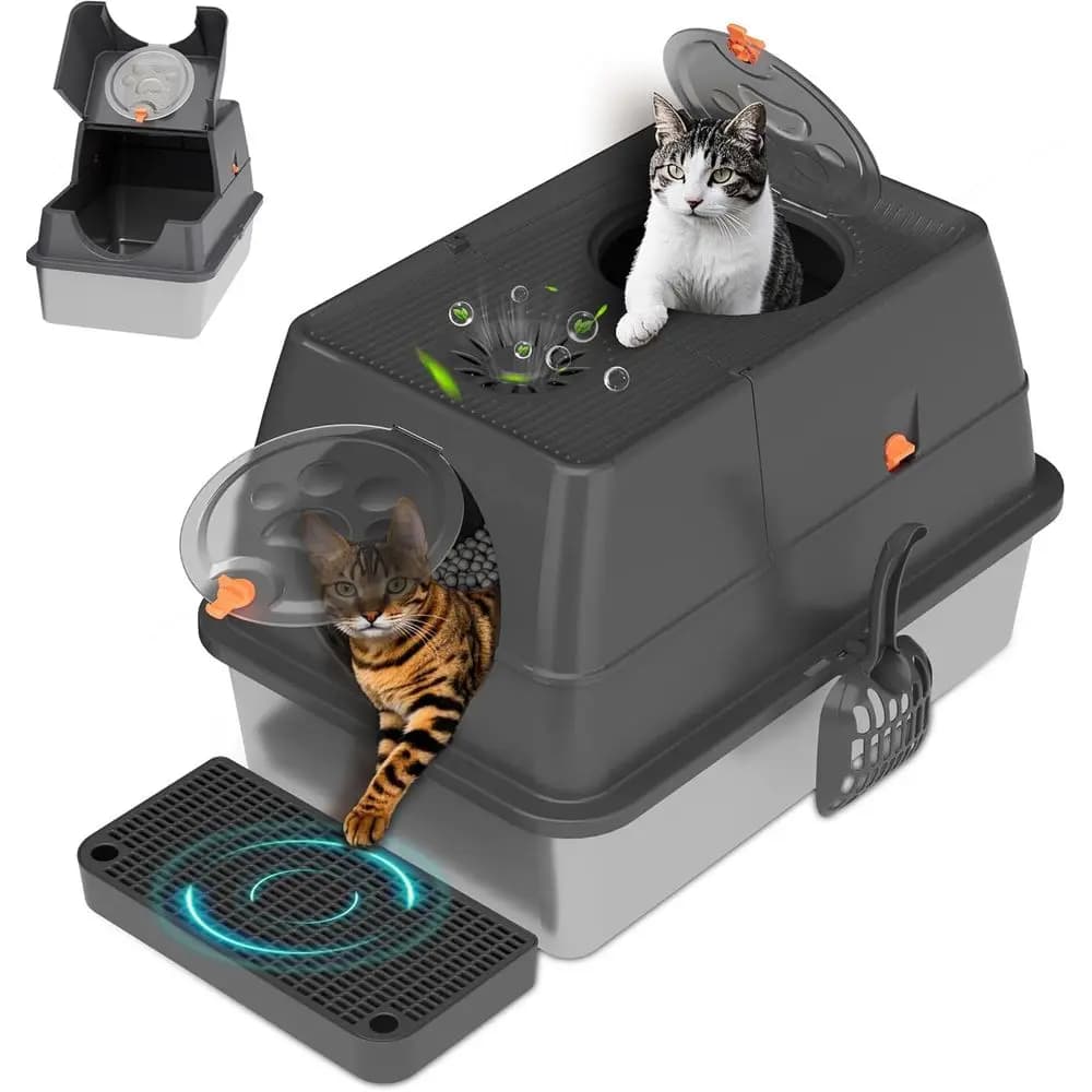 Lettiera per Gatti in Metallo Extra Large con Coperchio, Ingresso Frontale e Superiore, Scale e Paletta per Facile Pulizia