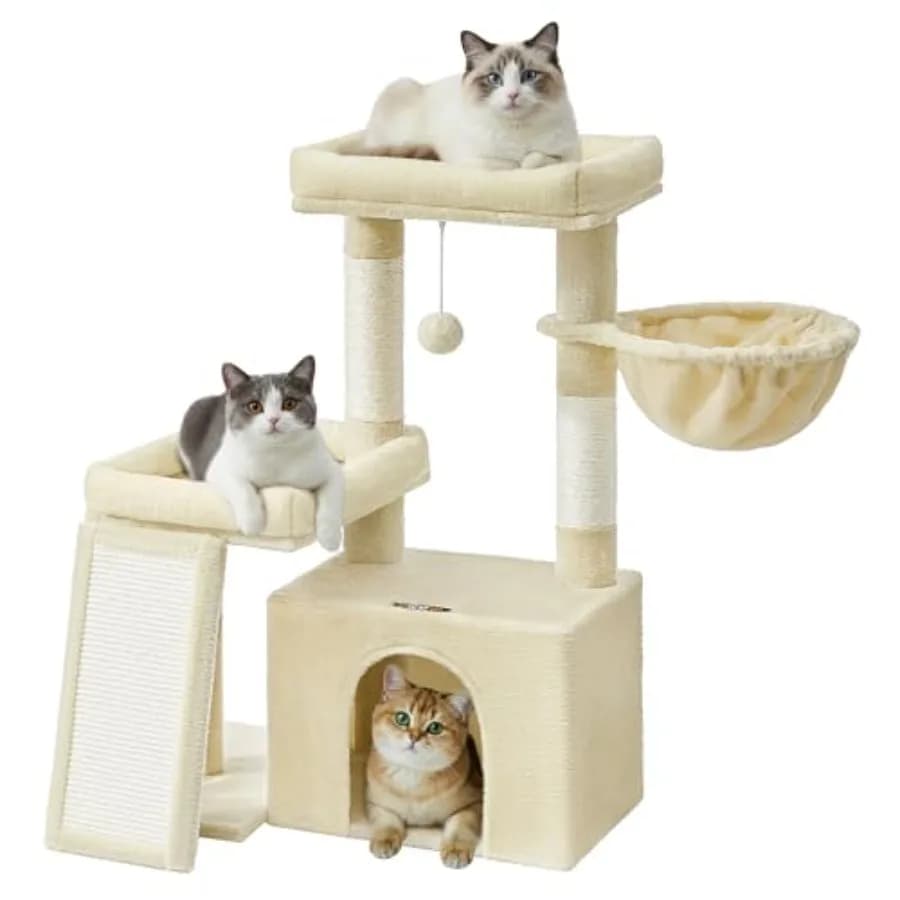 Albero per Gatti con Tiragraffi e Rampa, 2 Grandi Posti Sdraio, Cuccia a Grotta, Alto 85,4 cm