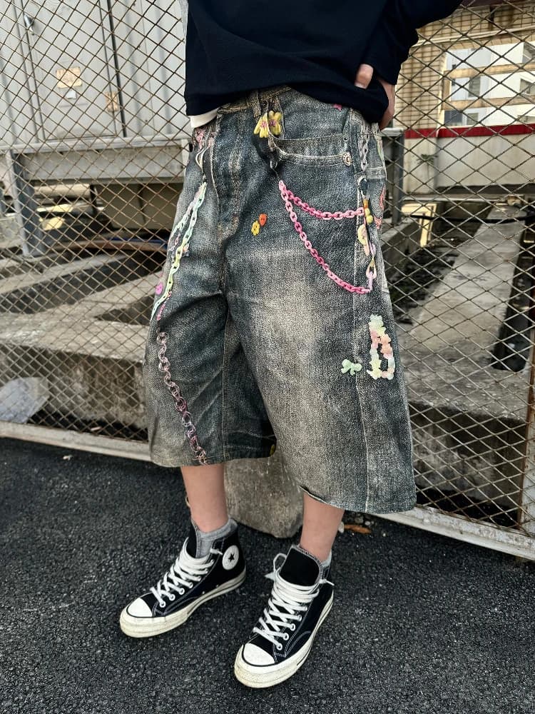AC Style 3D Printing Candy Chain Short Pants Digital Print Seven-Foot Men's Jeans Casual Loose Straight Tube Spring Summer