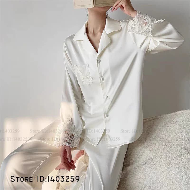 Elegante pigiama di pizzo bianco 2 pezzi set raso di seta indumenti da notte da donna manica lunga pantaloni pigiama vestito primavera autunno nuovo homewear