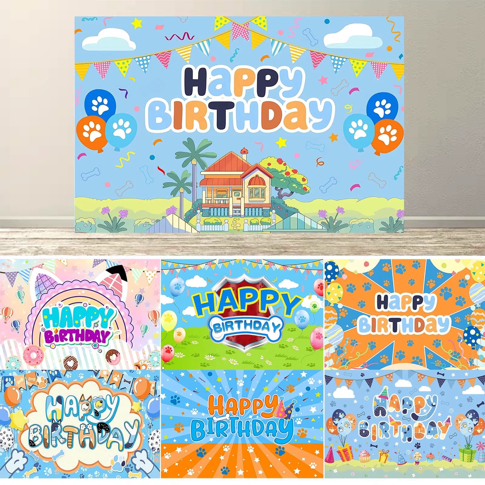 Blue Dog Theme Backdrop Cartoon Photography Background Kids Boys Girls Birthday Party Decorations Photo Booth Banner Props