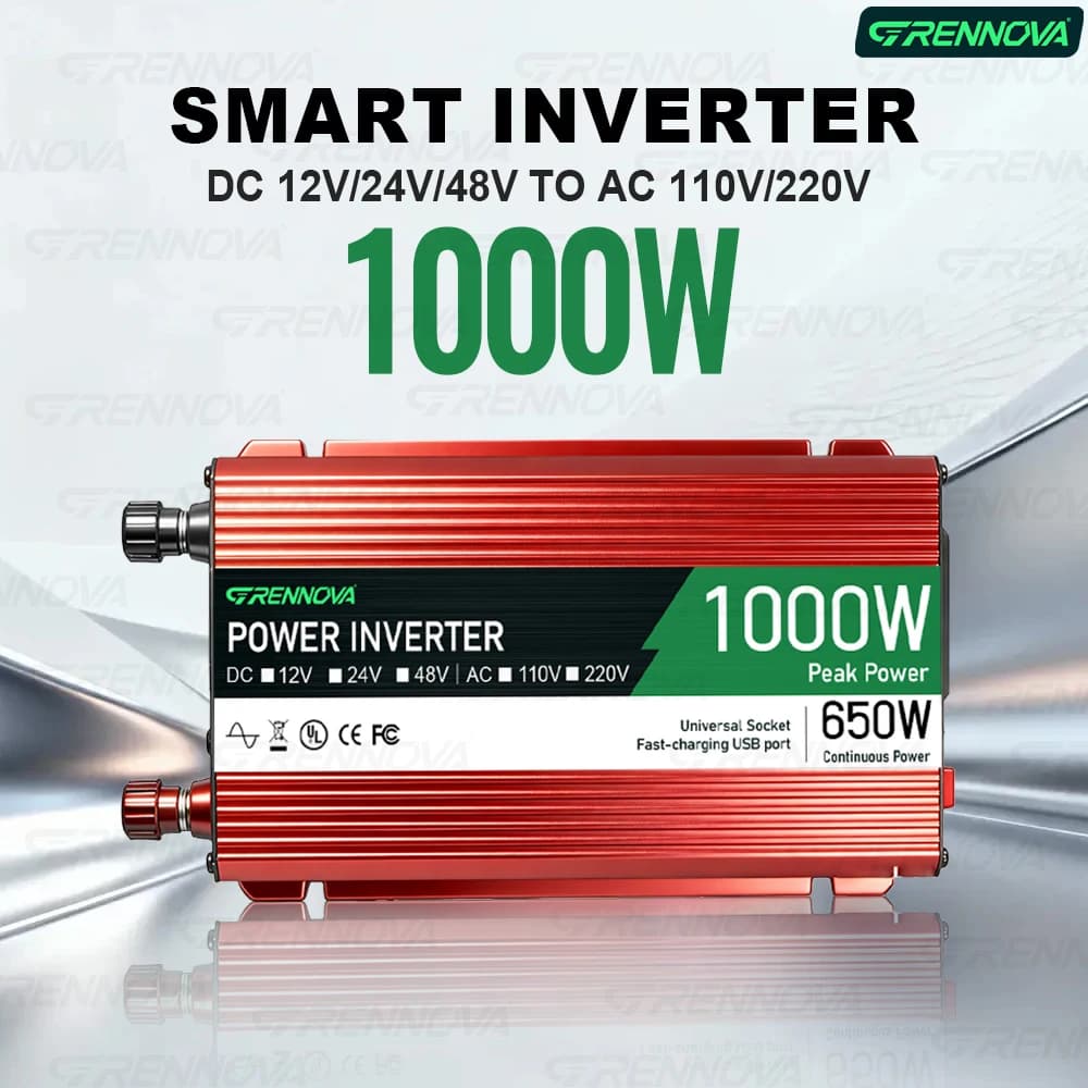 Inverter di Potenza Grennova 1000W di Picco (650W Nominale) da DC 12V/24V/48V a AC 110V 220V con USB per Auto e Camper, per Piccoli Elettrodomestici Solari