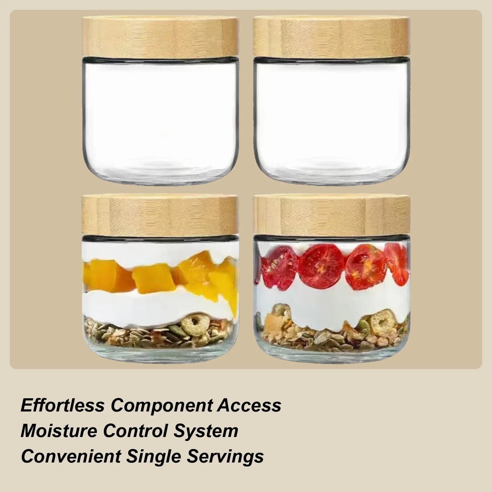 Contenitori in vetro a bocca larga da 4 x 300 ml per Overnight Oats, yogurt, snack, zucchero e preparazione dei pasti, con coperchi.