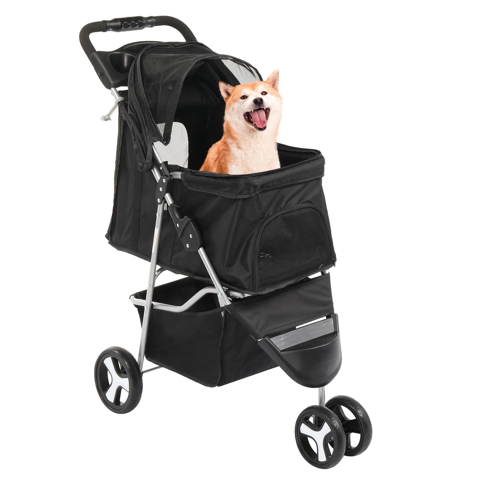 Passeggino per animali domestici a 3 ruote, Jogger per gabbia per cani e gatti per animali domestici Med/di piccola taglia, trasportino da viaggio pieghevole e impermeabile con portabicchieri.